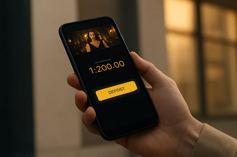 Hand holding smartphone showing dark casino app in city light