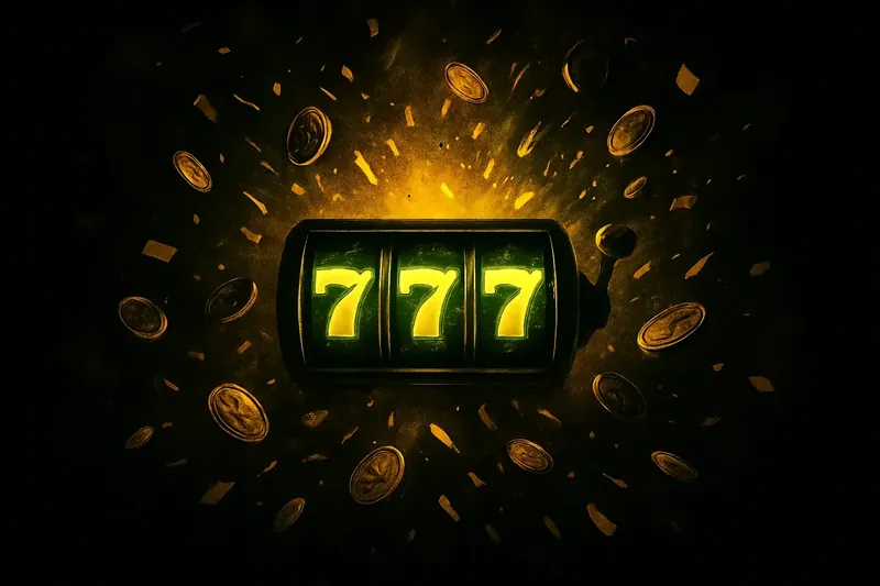 Glowing slot reels with massive win, coins and confetti bursting outward