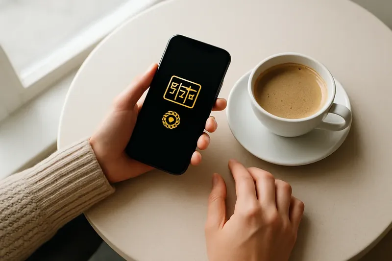Person at cafe table using dark casino app beside coffee