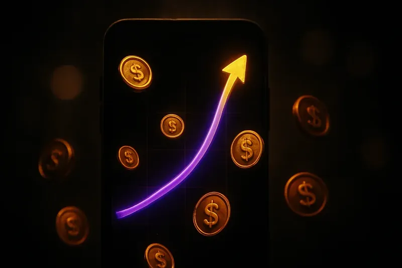 Mobile crash game interface with glowing curve graph and scattered coins
