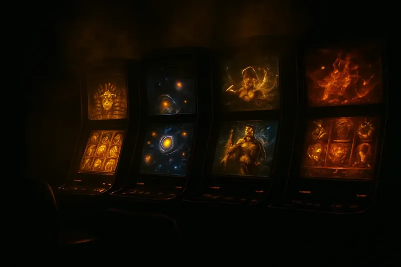 Five modern video slot machines with vivid themed screens and neon lighting